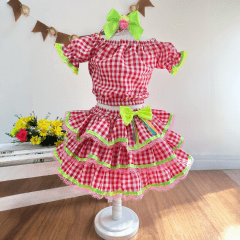 Conjunto Meninas Festa Junina Vermelho Xadrez Cropped Com Saia