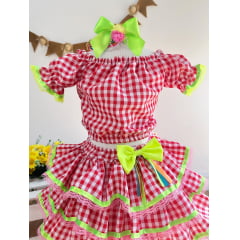 Conjunto Meninas Festa Junina Vermelho Xadrez Cropped Com Saia