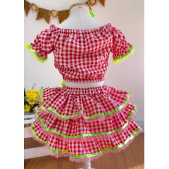 Conjunto Meninas Festa Junina Vermelho Xadrez Cropped Com Saia