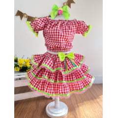 Conjunto Meninas Festa Junina Vermelho Xadrez Cropped Com Saia