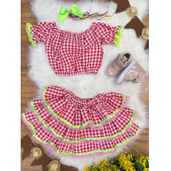 Conjunto Meninas Festa Junina Vermelho Xadrez Cropped Com Saia