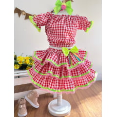 Conjunto Meninas Festa Junina Vermelho Xadrez Cropped Com Saia