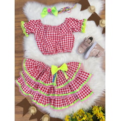 Conjunto Meninas Festa Junina Vermelho Xadrez Cropped Com Saia