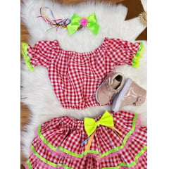 Conjunto Meninas Festa Junina Vermelho Xadrez Cropped Com Saia