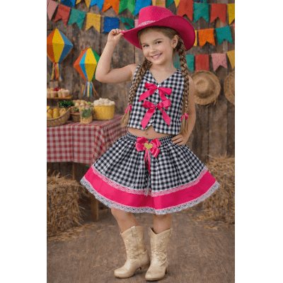 Conjunto Meninas Junino Colete e Saia Pink Xadrez