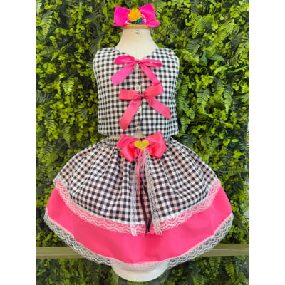 Conjunto Meninas Junino Colete e Saia Pink Xadrez