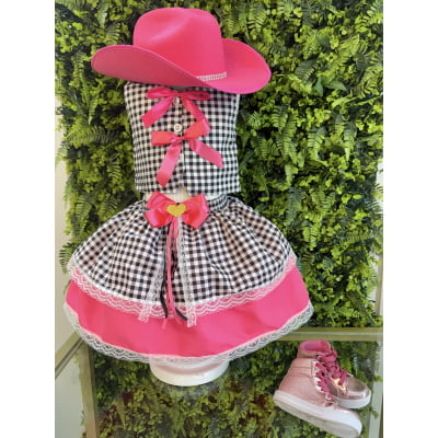 Conjunto Meninas Junino Colete e Saia Pink Xadrez