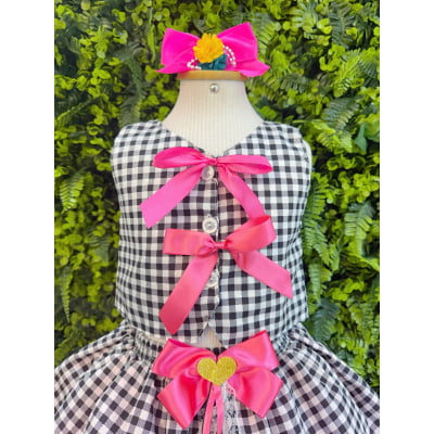 Conjunto Meninas Junino Colete e Saia Pink Xadrez