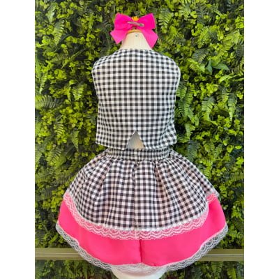 Conjunto Meninas Junino Colete e Saia Pink Xadrez