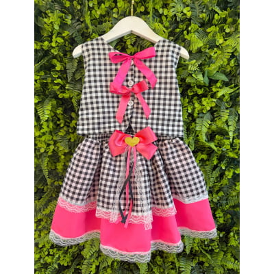 Conjunto Meninas Junino Colete e Saia Pink Xadrez