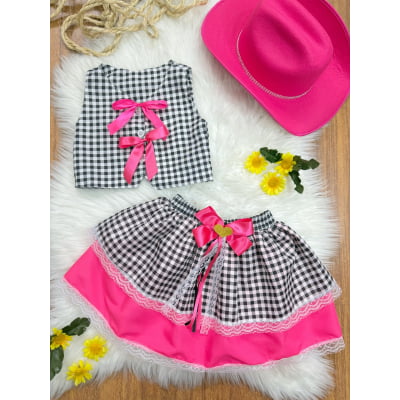 Conjunto Meninas Junino Colete e Saia Pink Xadrez