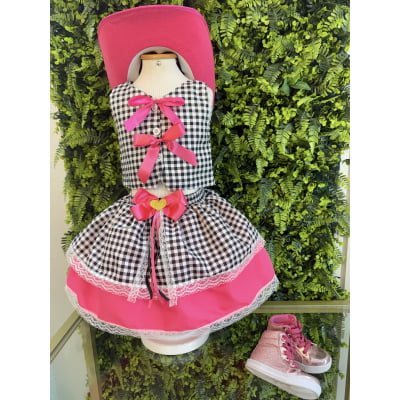 Conjunto Meninas Junino Colete e Saia Pink Xadrez