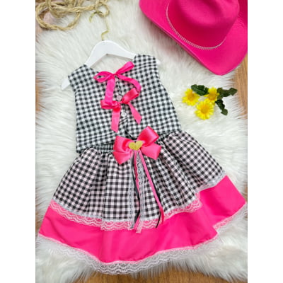 Conjunto Meninas Junino Colete e Saia Pink Xadrez