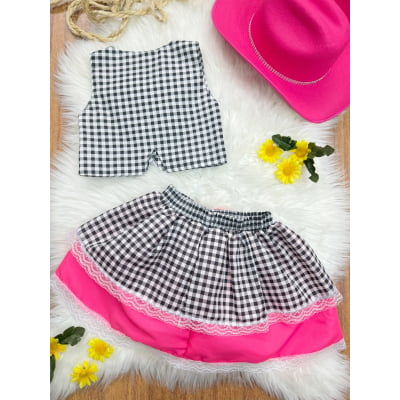Conjunto Meninas Junino Colete e Saia Pink Xadrez