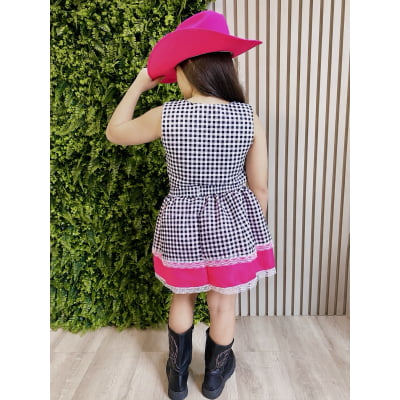 Conjunto Meninas Junino Colete e Saia Pink Xadrez