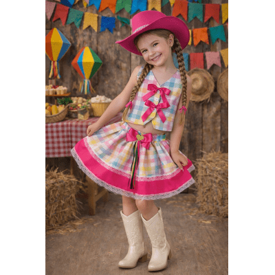 Conjunto Meninas Junino Colete e Saia Rosa e Xadrez Colorido