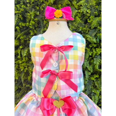 Conjunto Meninas Junino Colete e Saia Rosa e Xadrez Colorido