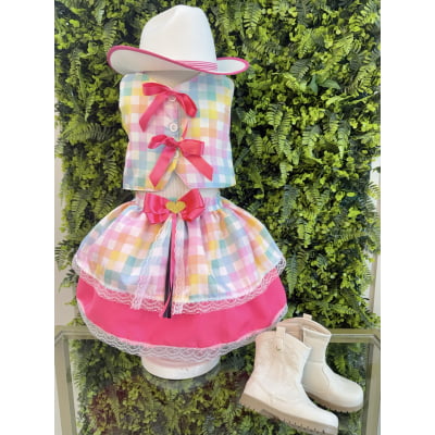 Conjunto Meninas Junino Colete e Saia Rosa e Xadrez Colorido