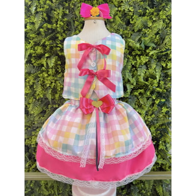 Conjunto Meninas Junino Colete e Saia Rosa e Xadrez Colorido