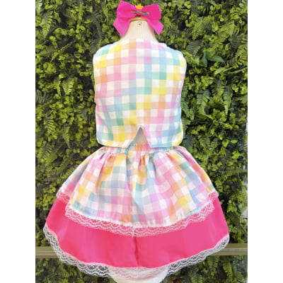 Conjunto Meninas Junino Colete e Saia Rosa e Xadrez Colorido