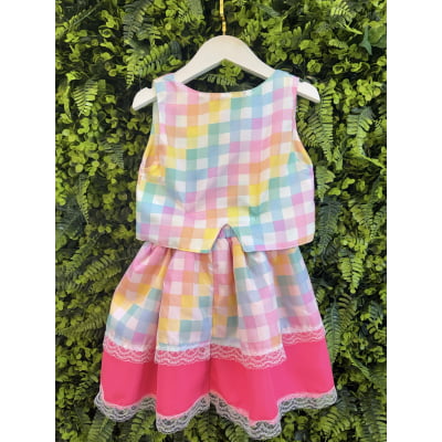 Conjunto Meninas Junino Colete e Saia Rosa e Xadrez Colorido