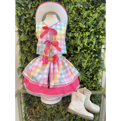 Conjunto Meninas Junino Colete e Saia Rosa e Xadrez Colorido