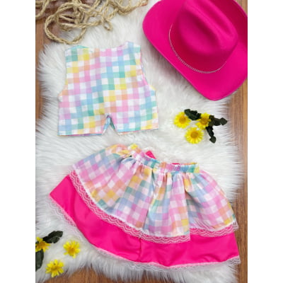 Conjunto Meninas Junino Colete e Saia Rosa e Xadrez Colorido