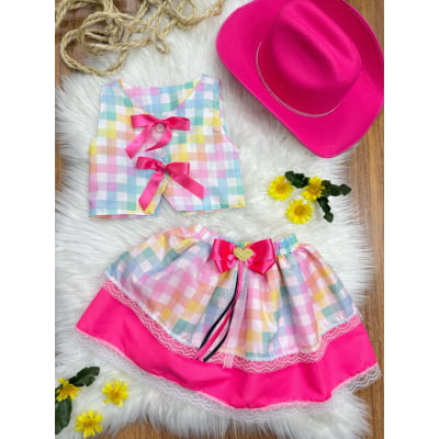 Conjunto Meninas Junino Colete e Saia Rosa e Xadrez Colorido