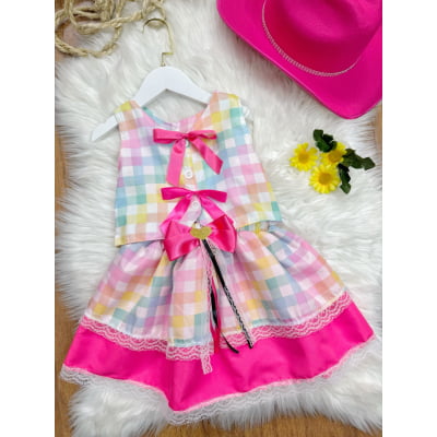 Conjunto Meninas Junino Colete e Saia Rosa e Xadrez Colorido