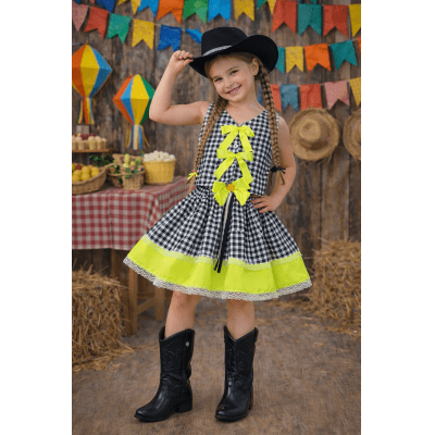 Conjunto Meninas Junino Colete e Saia Verde Xadrez