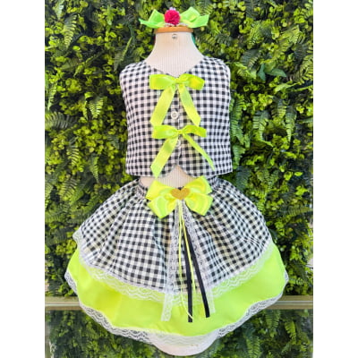 Conjunto Meninas Junino Colete e Saia Verde Xadrez