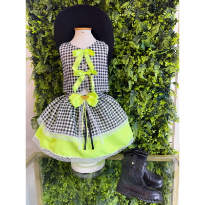 Conjunto Meninas Junino Colete e Saia Verde Xadrez