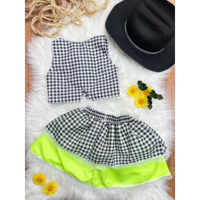 Conjunto Meninas Junino Colete e Saia Verde Xadrez