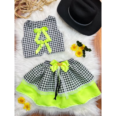 Conjunto Meninas Junino Colete e Saia Verde Xadrez