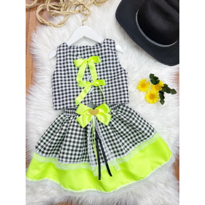 Conjunto Meninas Junino Colete e Saia Verde Xadrez