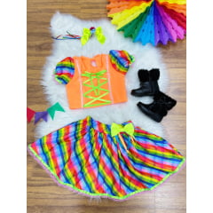 Conjunto Meninas Junino Cropped Laranja Neon Com Saia Colorida