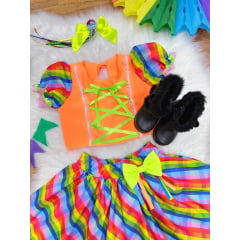 Conjunto Meninas Junino Cropped Laranja Neon Com Saia Colorida