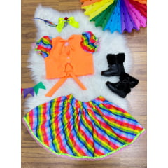 Conjunto Meninas Junino Cropped Laranja Neon Com Saia Colorida