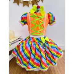 Conjunto Meninas Junino Cropped Laranja Neon Com Saia Colorida