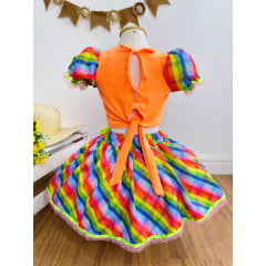 Conjunto Meninas Junino Cropped Laranja Neon Com Saia Colorida
