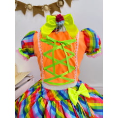 Conjunto Meninas Junino Cropped Laranja Neon Com Saia Colorida