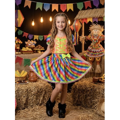Conjunto Meninas Junino Cropped Laranja Neon Com Saia Colorida
