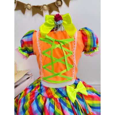 Conjunto Meninas Junino Cropped Laranja Neon Com Saia Colorida