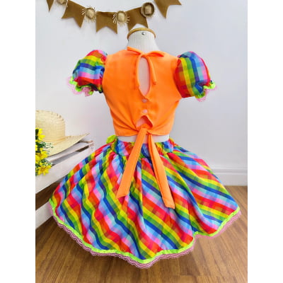 Conjunto Meninas Junino Cropped Laranja Neon Com Saia Colorida