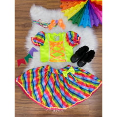 Conjunto Meninas Junino Cropped Verde Neon Com Saia Colorida