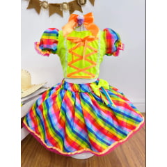 Conjunto Meninas Junino Cropped Verde Neon Com Saia Colorida