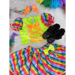 Conjunto Meninas Junino Cropped Verde Neon Com Saia Colorida