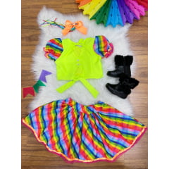 Conjunto Meninas Junino Cropped Verde Neon Com Saia Colorida