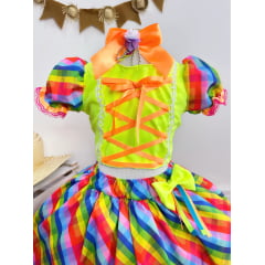 Conjunto Meninas Junino Cropped Verde Neon Com Saia Colorida