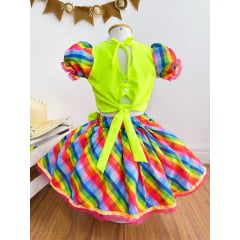 Conjunto Meninas Junino Cropped Verde Neon Com Saia Colorida